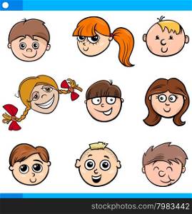 Cartoon Illustration of Cute Kids Faces Set