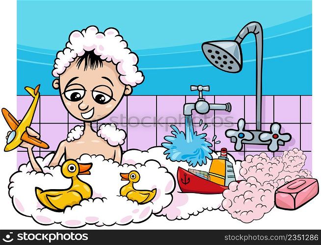 Cartoon illustration of cute little boy taking a bath with toys
