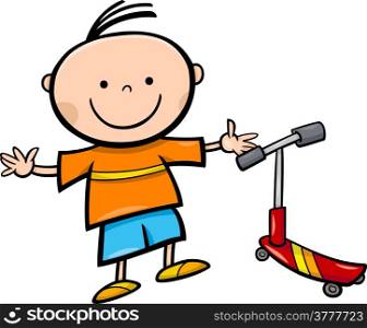 Cartoon Illustration of Cute Little Boy with Scooter