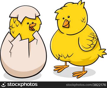 Cartoon Illustration of Cute Little Yellow Chickens or Chicks Hatched from Eggs