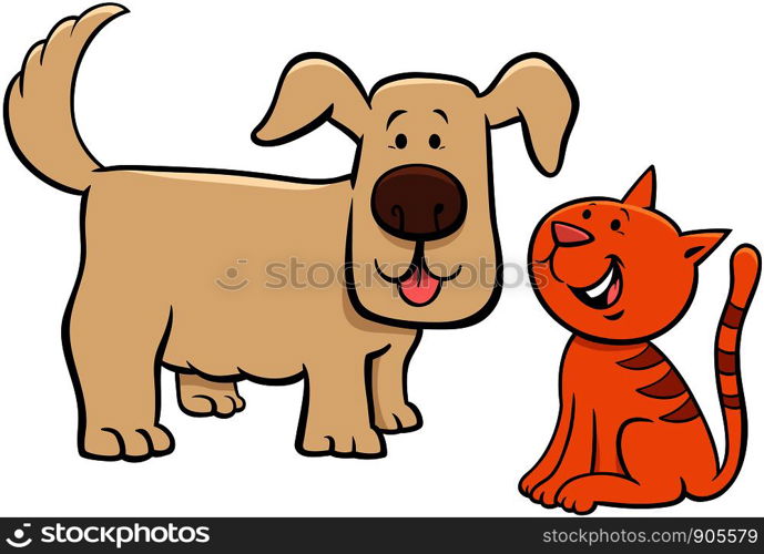 Cartoon Illustration of Cute Puppy and Happy Little Kitten Pet Animal Characters