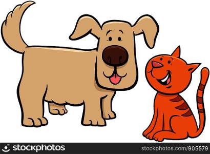 Cartoon Illustration of Cute Puppy and Happy Little Kitten Pet Animal Characters