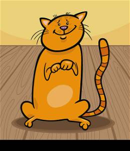 Cartoon Illustration of Cute Red Cat Sitting on the Wooden Floor