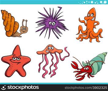 Cartoon Illustration of Cute Sea Life Animals Set