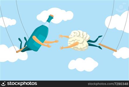 Cartoon illustration of desperate brain and alcohol bottle on flying trapeze