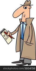 Cartoon Illustration of Detective or Journalist with Notepad and Pencil