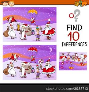 Cartoon Illustration of Differences Educational Game for Preschool Children with Santa Clauses