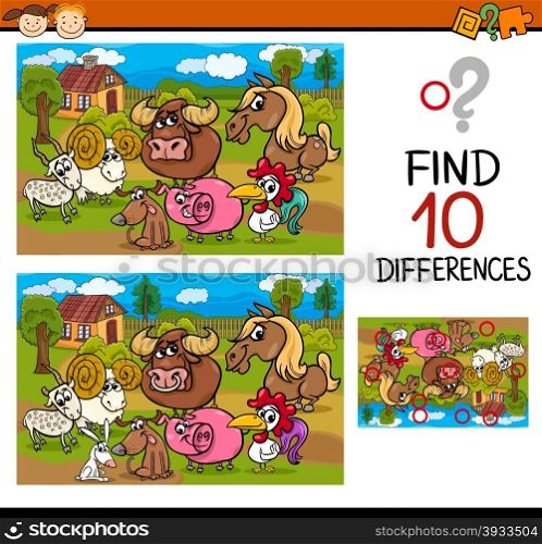 Cartoon Illustration of Differences Educational Task for Preschool Children with Farm Animal Characters