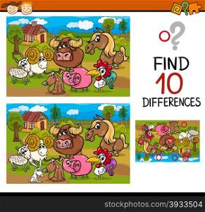 Cartoon Illustration of Differences Educational Task for Preschool Children with Farm Animal Characters
