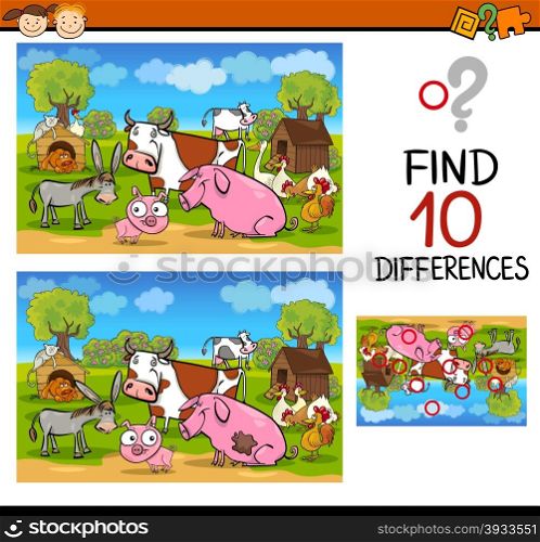 Cartoon Illustration of Differences Educational Test for Preschool Children with Farm Animals