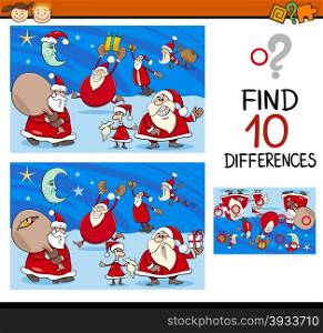 Cartoon Illustration of Differences Kindergarten Task for Children with Christmas Characters