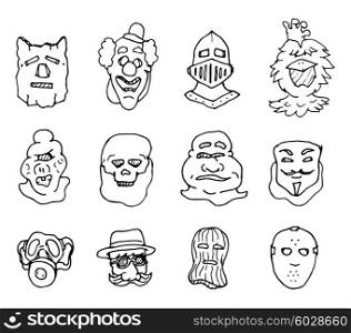 Cartoon illustration of different costume and masks set