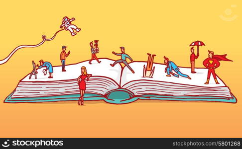 Cartoon illustration of different fantasy characters playing over open book