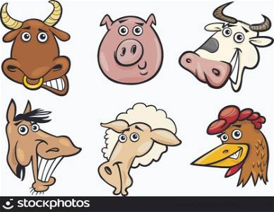 Cartoon Illustration of Different Funny Farm Animals Heads Set: Bull, Pig, Cow, Horse, Sheep and Hen