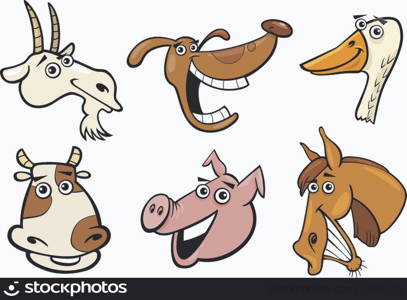 Cartoon Illustration of Different Funny Farm Animals Heads Set: Goat, Pig, Cow, Horse, Dog and Goose