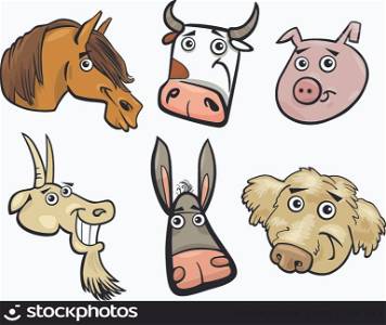 Cartoon Illustration of Different Funny Farm Animals Heads Set: Goat, Pig, Cow, Horse, Dog and Donkey