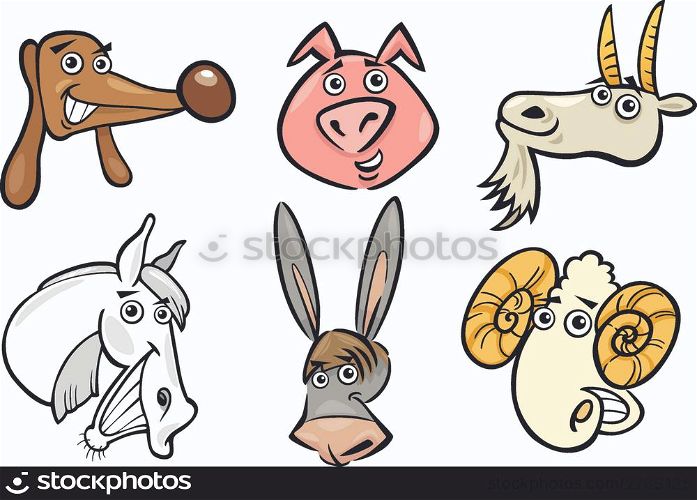 Cartoon Illustration of Different Funny Farm Animals Heads Set: Goat, Pig, Ram, Horse, Dog and Donkey
