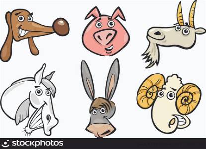 Cartoon Illustration of Different Funny Farm Animals Heads Set: Goat, Pig, Ram, Horse, Dog and Donkey