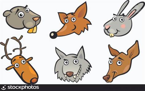 Cartoon Illustration of Different Funny Forest Animals Heads Set: Beaver, Fox, Rabbit or Hare, Deer, Wolf and Doe or Roe