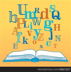 Cartoon illustration of different letters floating from a book