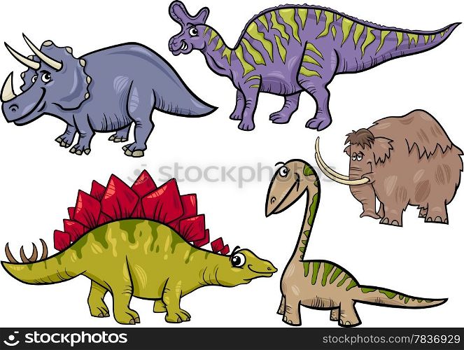 Cartoon Illustration of Dinosaurs and Prehistoric Animals Characters Set