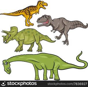 Cartoon Illustration of Dinosaurs Prehistoric Reptiles Characters Set