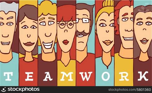 Cartoon illustration of diverse people forming teamwork word