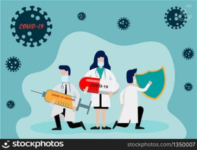 Cartoon Illustration of Doctors with Corona Virus Vaccine in a Syringe and a Shield to Protect Covid-19