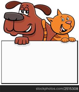 Cartoon illustration of dog and cat with blank card or board template graphic design