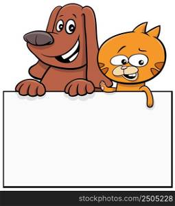 Cartoon illustration of dog and cat with blank card or poster template graphic design