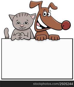 Cartoon illustration of dog and cat with white card or board template graphic design