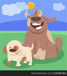 Cartoon illustration of dog animal character with cute little puppy