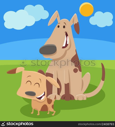 Cartoon illustration of dog animal character with happy little puppy