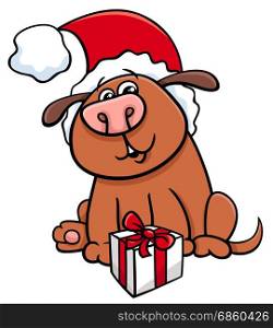 Cartoon Illustration of Dog Animal Character with present on Christmas Time