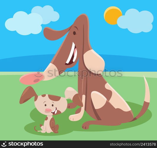Cartoon illustration of dog mom animal character with cute little puppy