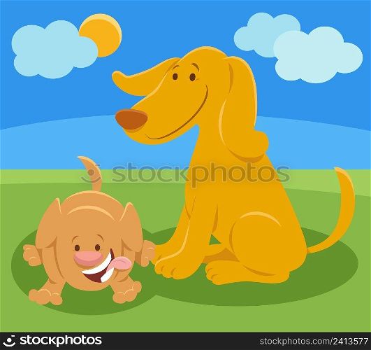 Cartoon illustration of dog mom animal character with happy little puppy