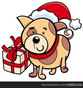 Cartoon Illustration of Dog or Puppy Animal Character with Christmas Present