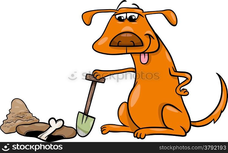Cartoon Illustration of Dog which Burrows or Digs his Bone