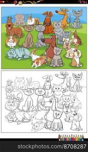 Cartoon illustration of dogs and cats and rabbits animal characters group coloring page