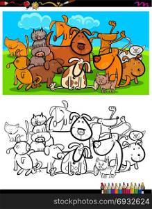 Cartoon Illustration of Dogs and Cats Animal Characters Group Coloring Book Activity