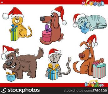 Cartoon illustration of dogs and cats animal characters with Christmas gifts set