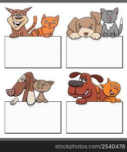 Cartoon illustration of dogs and cats with blank cards graphic design set