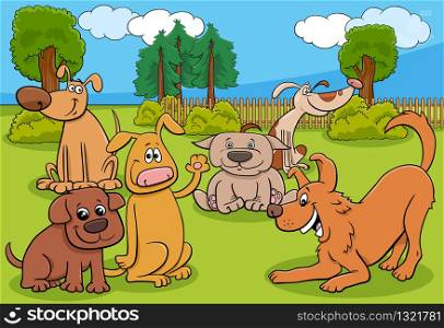 Cartoon Illustration of Dogs and Puppies Animal Characters Group in the Park