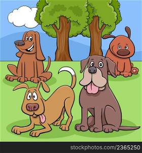 Cartoon illustration of dogs and puppies animal characters group in the park
