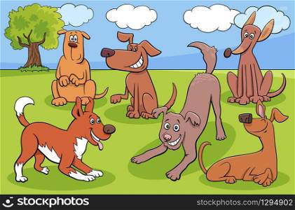 Cartoon Illustration of Dogs and Puppies Animal Comic Characters Group in the Park