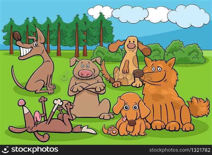 Cartoon Illustration of Dogs and Puppies Funny Animal Characters Group in the Park