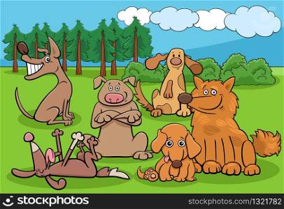 Cartoon Illustration of Dogs and Puppies Funny Animal Characters Group in the Park