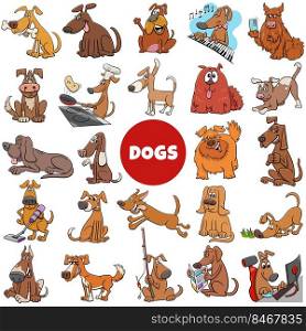 Cartoon illustration of dogs and puppies pet animal comic characters big set