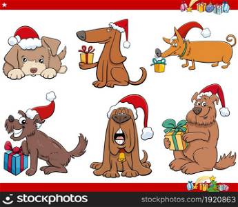 Cartoon illustration of dogs animal characters on Christmas Time set