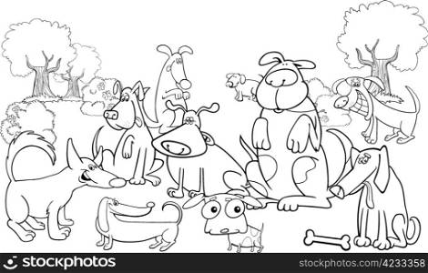 Cartoon Illustration of dogs on the meadow for coloring book
